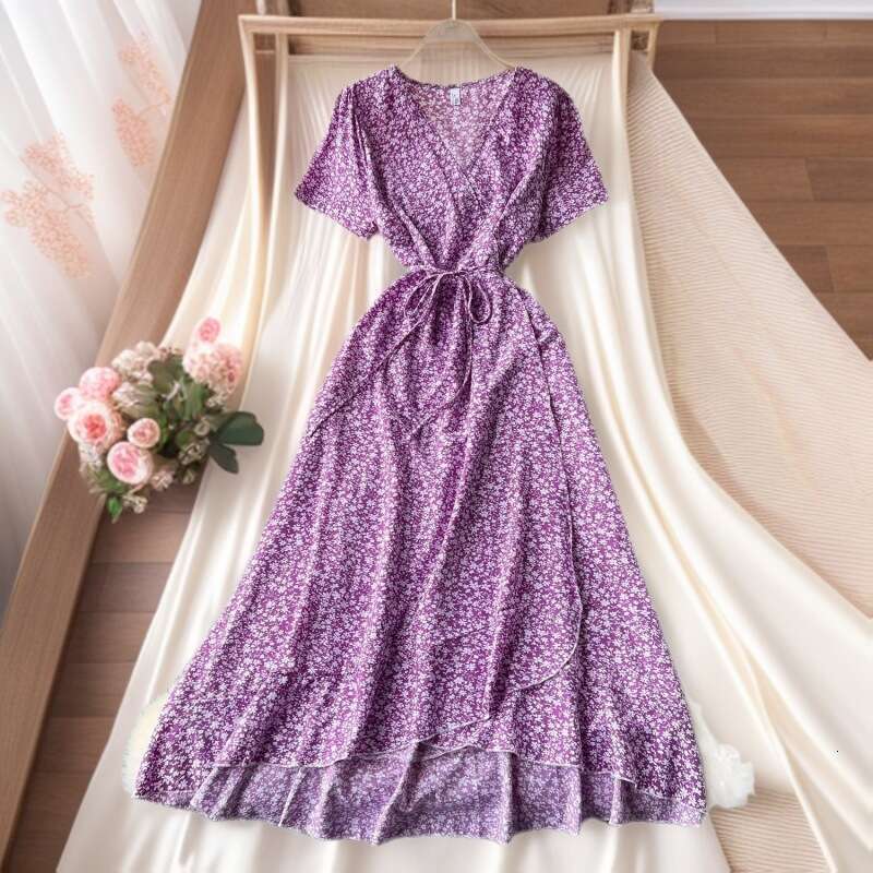 Designer slim fit design integrated V-neck tied waist short sleeved women's floral summer elegant French long skirt