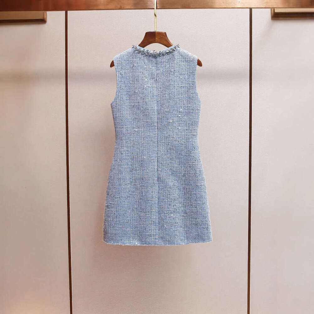 2026 Spring New Designer Celebrity Style Mist Blue Water Diamond Hollow Sexy Round Neck Glitter Tank Top