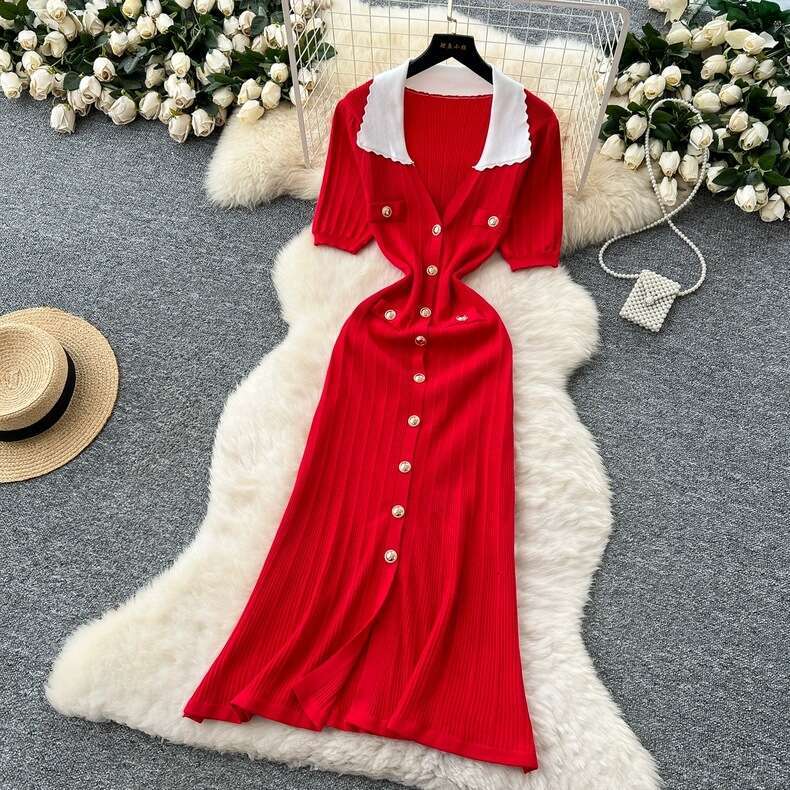 2026 Spring and Summer Designer French Elegant Single breasted Knitted Dress, Casual Bubble Sleeve Retro Long Dress