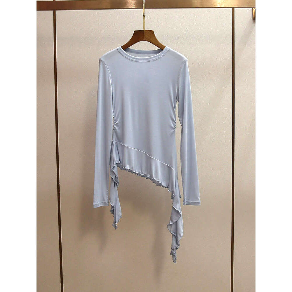 2026 designer high-end women's clothing spring new style spicy girl style retro A12 lace up ruffle edge irregular women's T-shirt set