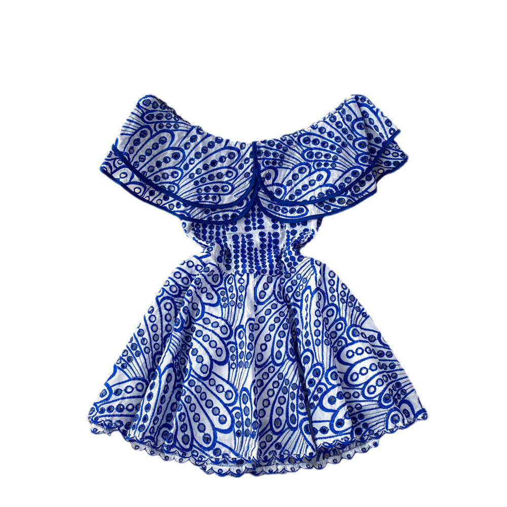 2026 designer retro off shoulder pleated slim A13 fit A-line hollow out dress suitable for seaside vacations