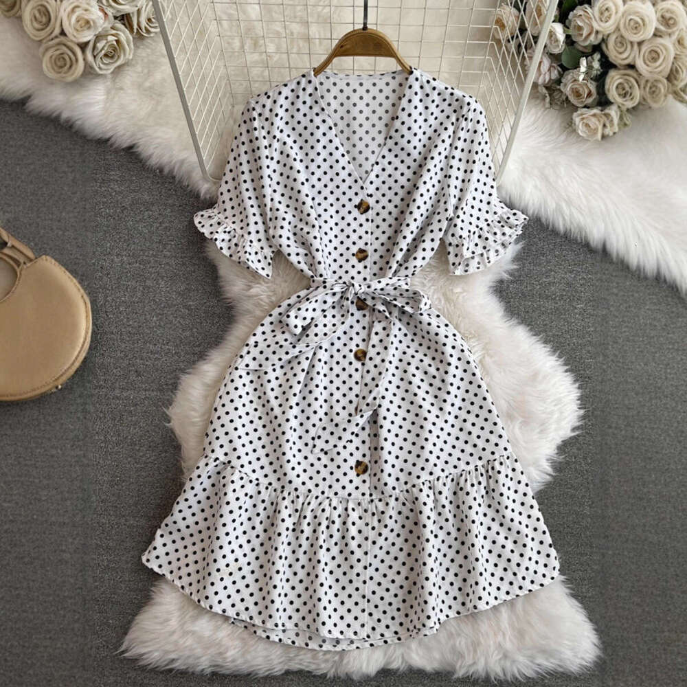 2026 Designer Elegant Women's Short sleeved V-neck Slimming Strap up Single breasted A-line Folded Wave Point Dress