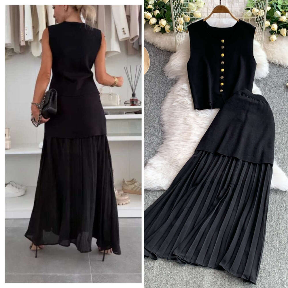 2026 Spring and Summer European and American French New Knitted Dress Sleeveless Tank Top High Waist Skirt Set