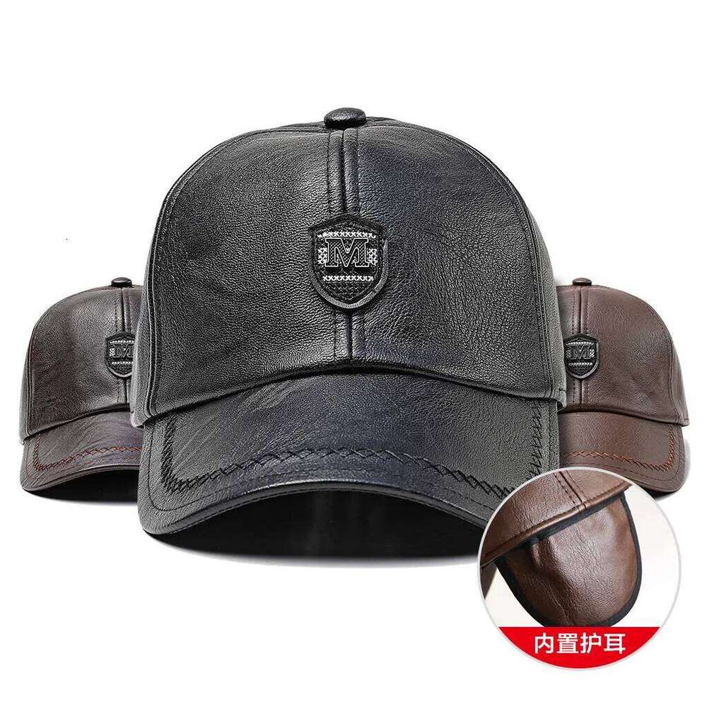 2024 New Style Hat Winter Warm Outdoor Protect Ear Adjustable Baseball Men Real Cowhide Leather Cap Y260304