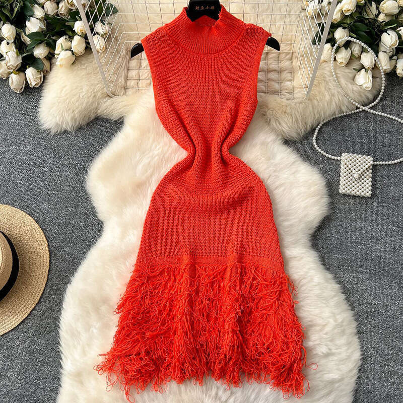 2026 European and American fashion sleeveless women's summer high-end slim fit elegant tassel sweater dress