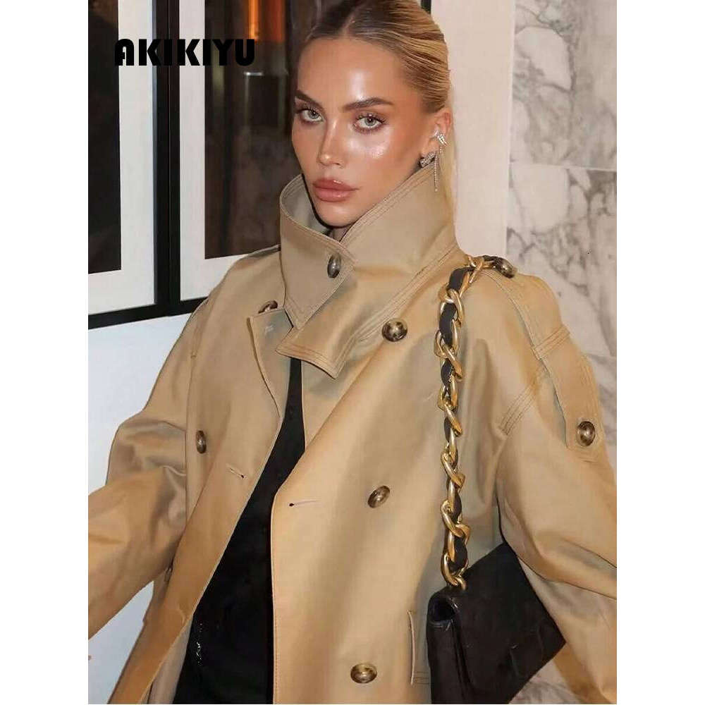 Women's Khaki Stand Collar Double Breasted Trench Coat - Long Sleeve Streetwear Jacket With Pockets, Fashion Outerwear AKIKIYU