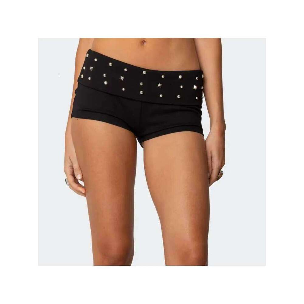 Women Y2K Low Waist Studded Fold Over Rivet Shorts Slim Fit Boxer Short Rave Mini Bottoms XJ260306