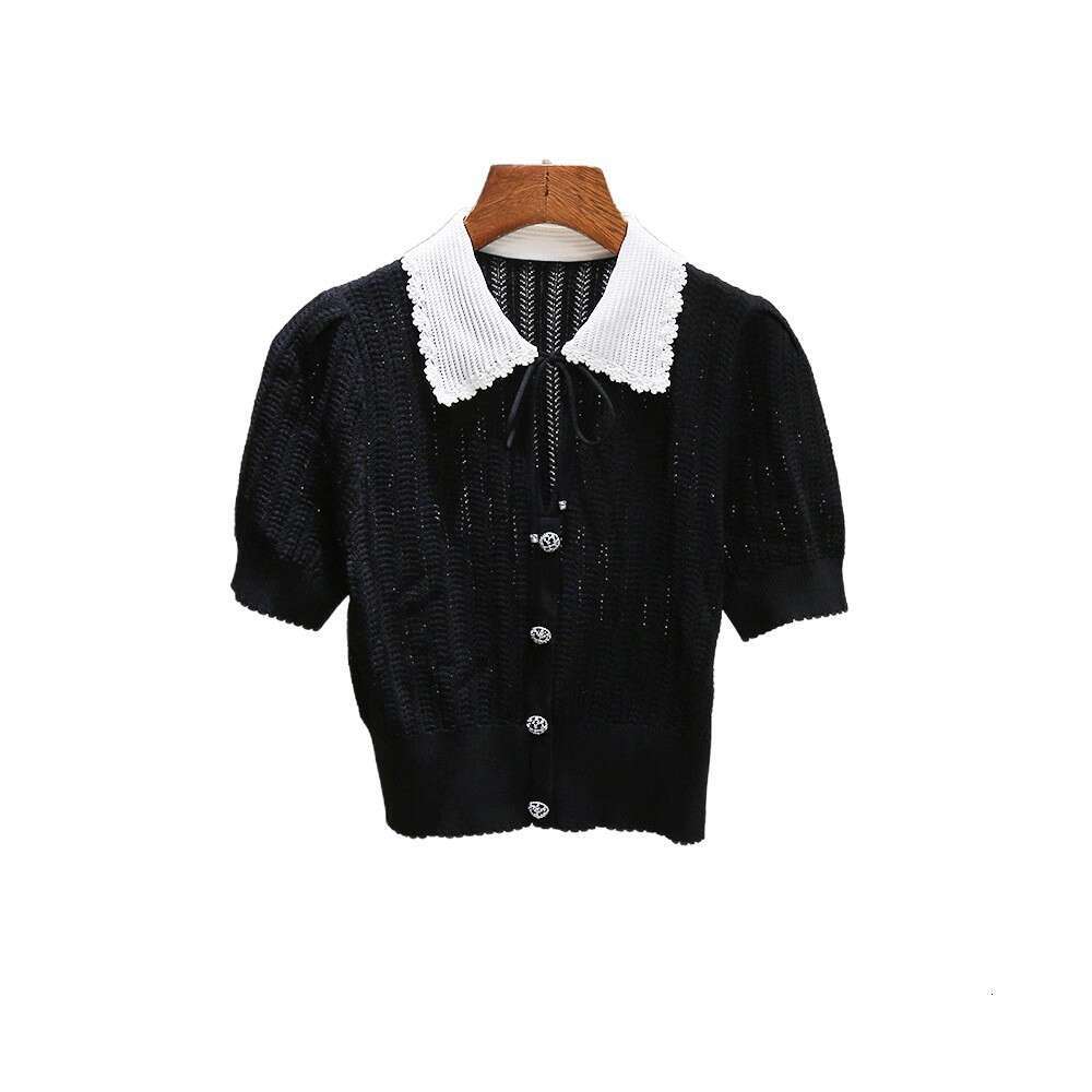 2026 designer high-end women's summer new item niche French color blocked lapel short sleeved single breasted knitted top
