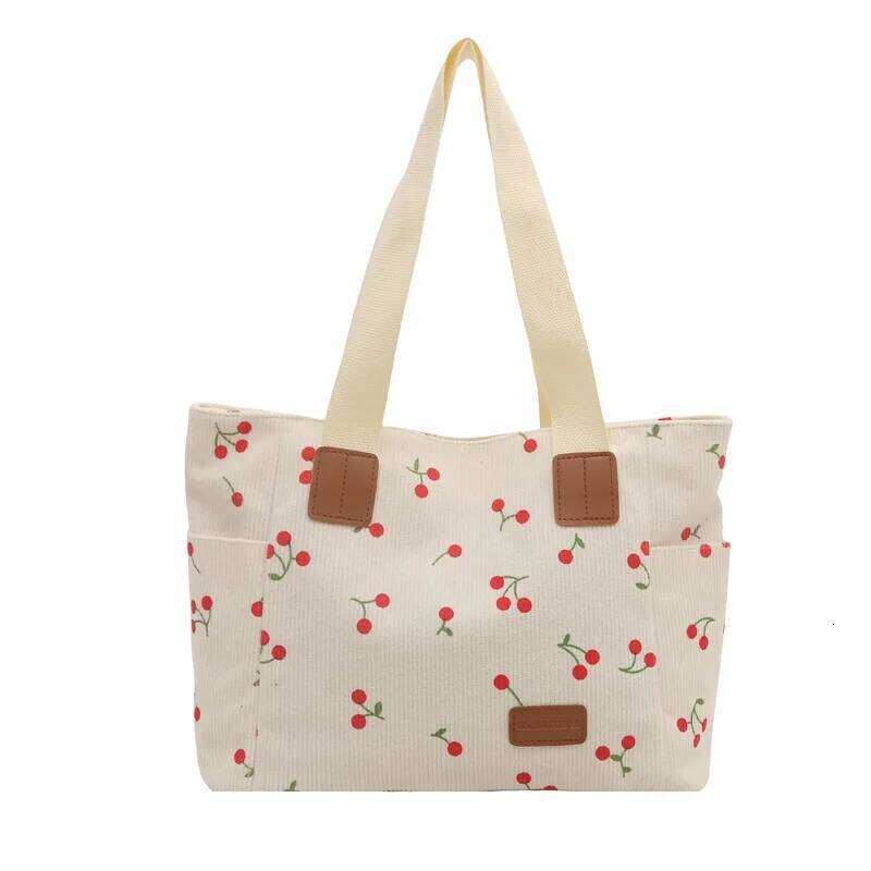 Simple Women's Corduroy Portable Shoulder Bag Cherry Print Ladies Casual Tote Bags Commuter Cute Female Shopping Handbags XJ260306