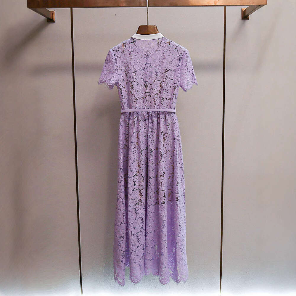 2026 Spring and Summer New French High end Social Embroidered Lace Round Neck A-line Waist Long Dress for Women