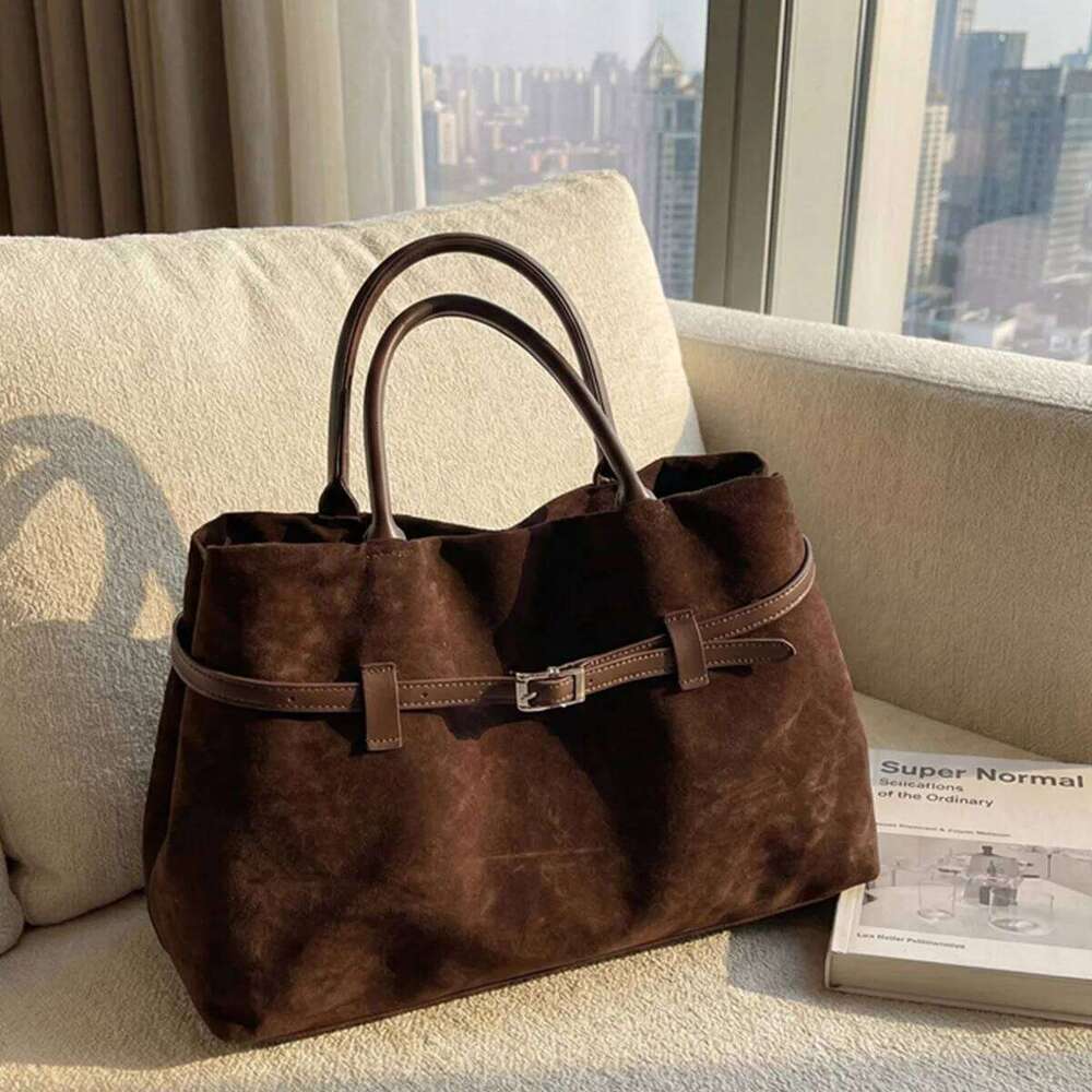 Simplicity Suede Tote Bag Belt Buckle Magnetic Clasp Large Capacity Water Resistant Bottom Studs for Daily Commute Shopping XJ260306