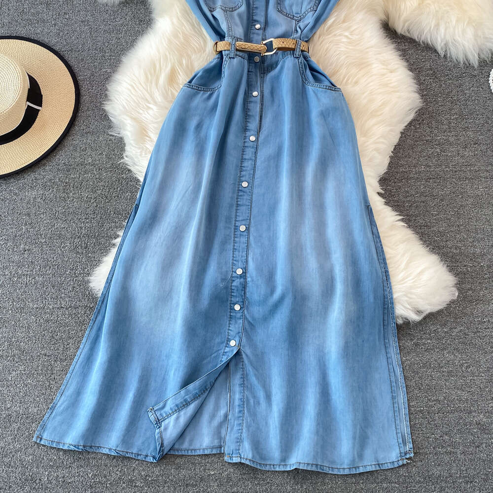 Designer's lightweight and mature style sleeveless denim A13 women's dress, summer new style French retro slim fit A-line skirt