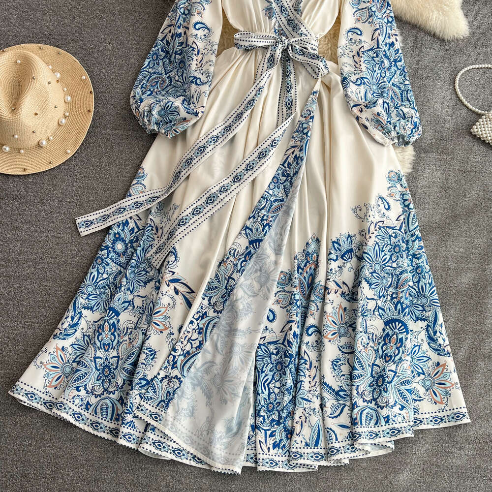 2026 Spring and Autumn Fashion Puff Long A13 Sleeve V-neck Waist Slimming Tie Dyeing Celadon Printed Elegant Long Dress