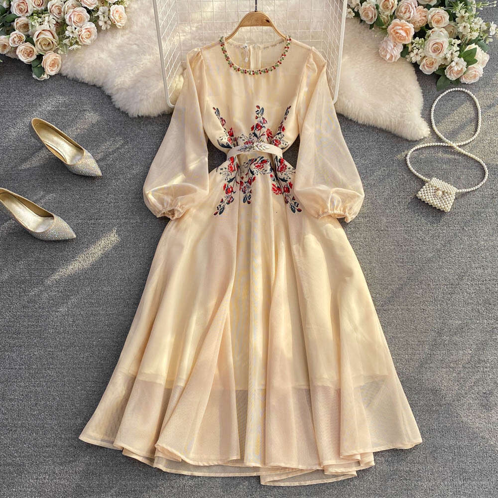 2026 high-end luxury style round neck dress with A12 rhinestone fluffy long sleeved waist and slim fit A-line design, wide hem