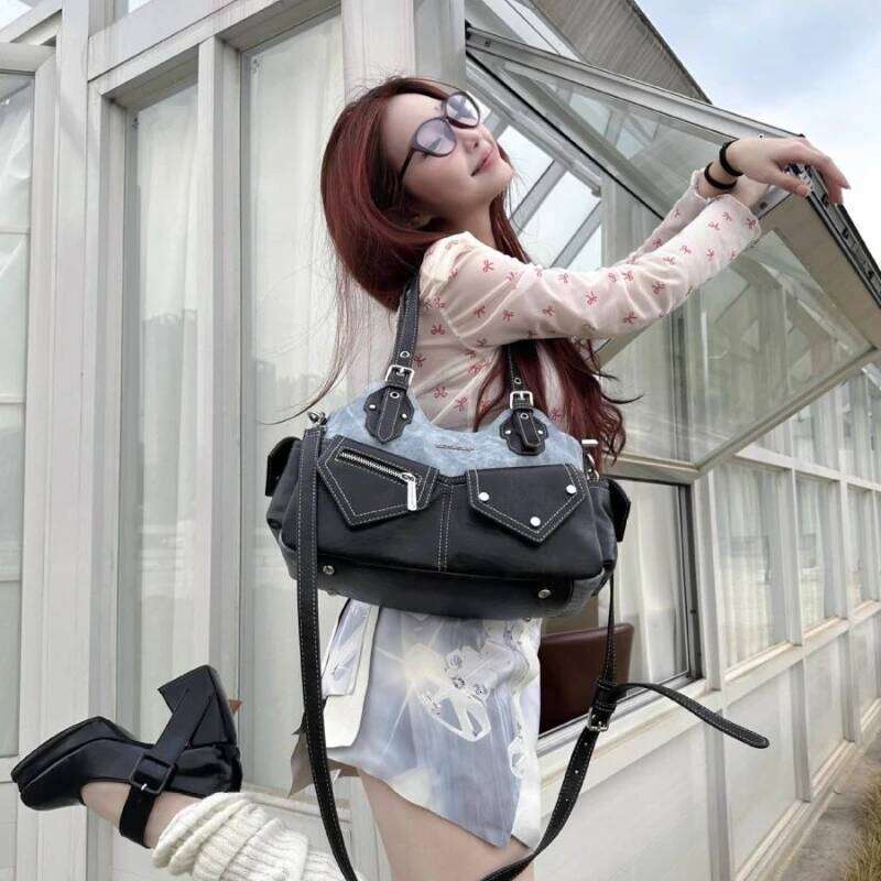 New Original Niche Design Retro Color-blocking Denim Patchwork Single-shoulder Underarm Hand-held Crossbody Bag Girls Package XJ260306