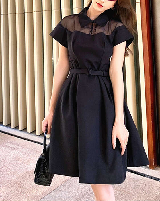 2026 Spring and Summer New Retro French a2 Shirt Collar Hollow Transparent Hard Yarn Splicing Small Black Skirt