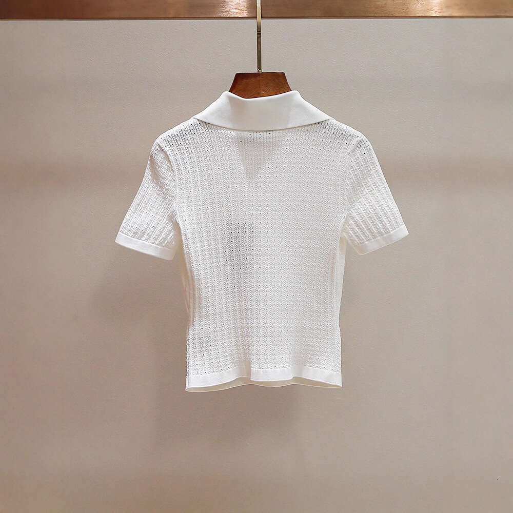 2026 Summer Age Reducing Multi functional Crochet Hook Hollow Regular Shoulder Sleeve Flip Collar Slimming Women's Knitted Short Top