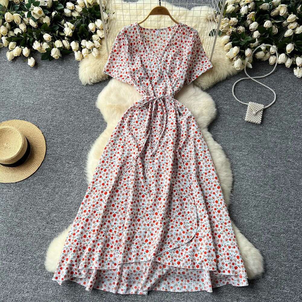 Designer slim fit design integrated V-neck tied waist short sleeved women's floral summer elegant French long skirt