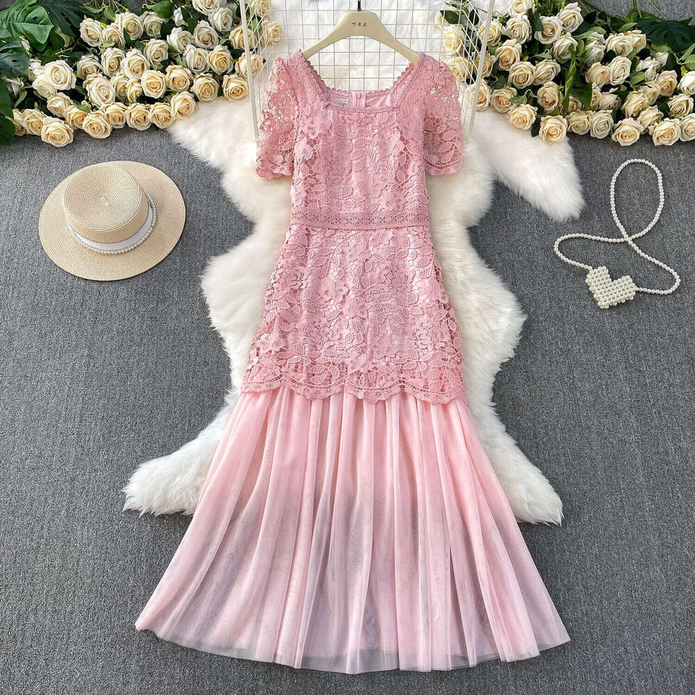 Designer Women's French Lace Square Neck 2026 Spring and Summer High end Curtain Mesh Splicing Elegant Dress