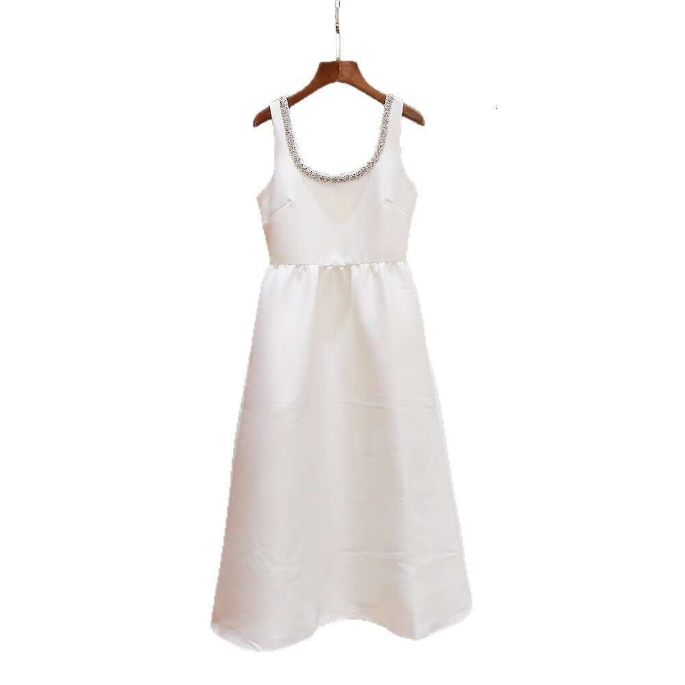 2026 summer new elegant celebrity style U-neck rhinestone backless A-line waist tie white long dress