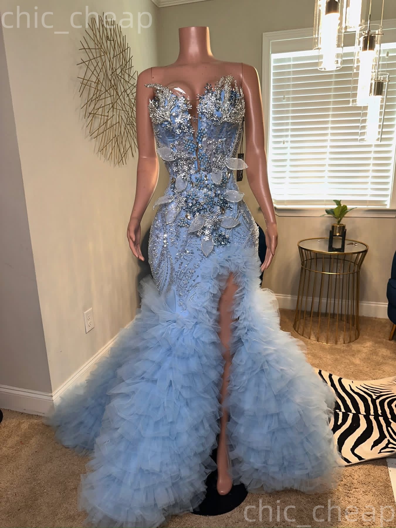 2K26 Light Sky Blue Prom Dress 2026 Mermaid Prom Dress Crystals Florals High Split Tiers Evening Dresses Birthday Party Formal Receiption Gowns Dresse