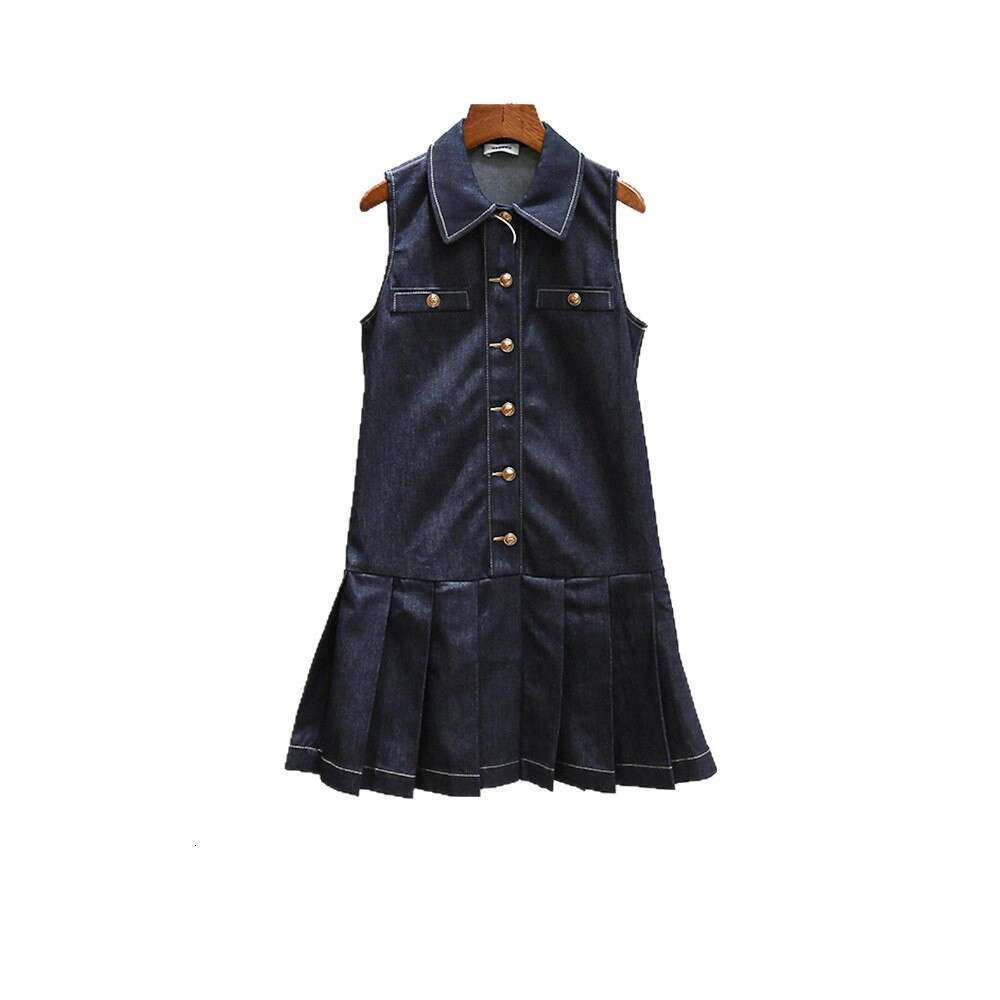 2026 Spring and Summer New Hepburn style pleated skirt patchwork single breasted sleeveless vest straight tube dress