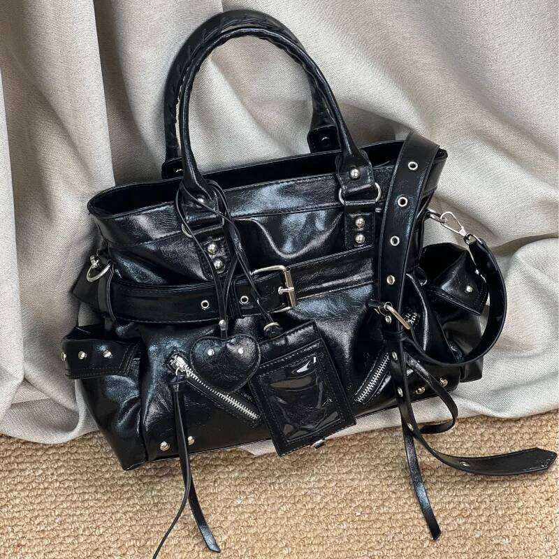 Retro Studded Tote Fashion Y2k Cool Motorcycle Belt Buckle Pendant Shoulder Black Punk Zipper Crossbody Bag Handbag XJ260306