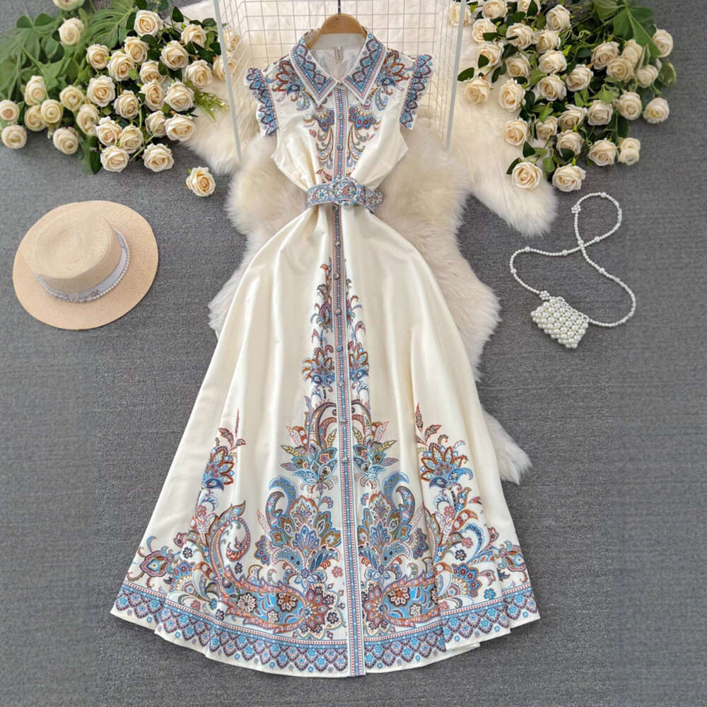 2026 designer high-end luxury style sleeve flowing collar folding waist slimming single breasted A13 A-line printed shirt skirt