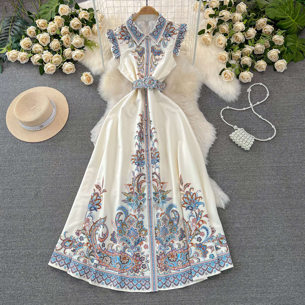 2026 designer high-end luxury style sleeve flowing collar folding waist slimming single breasted A13 A-line printed shirt skirt