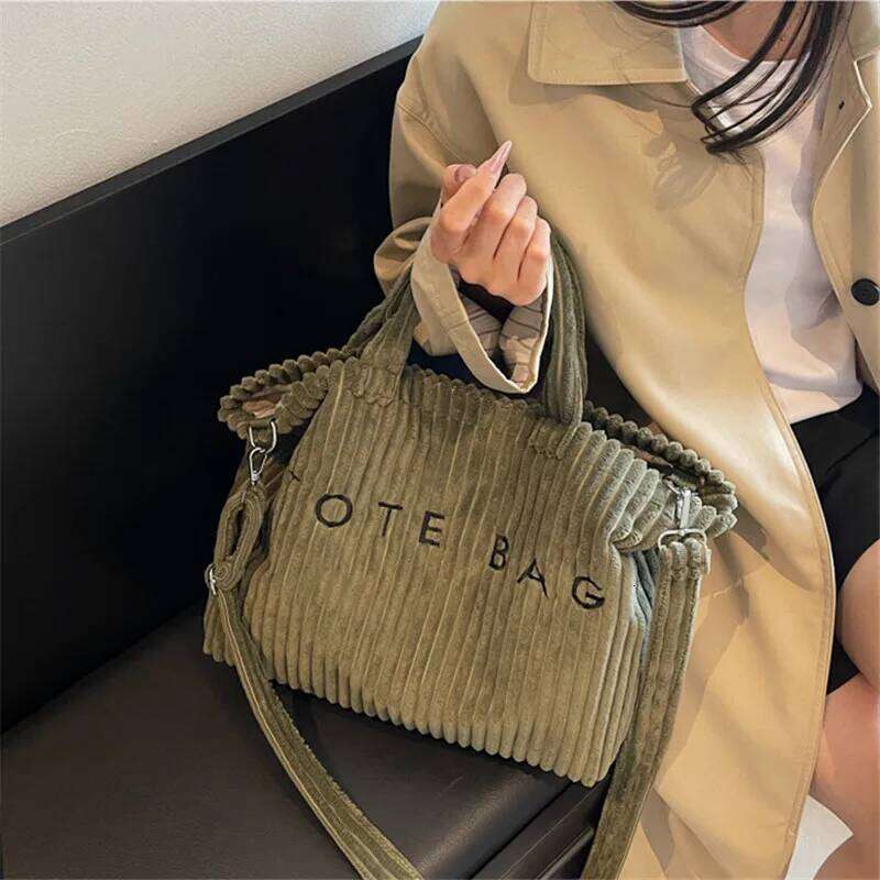New Style Striped Velvet Handbag Women Shoulder Bag, Large Capacity Crossbody Bags, Versatile Letter Corduroy Women's Tote Bag XJ260306