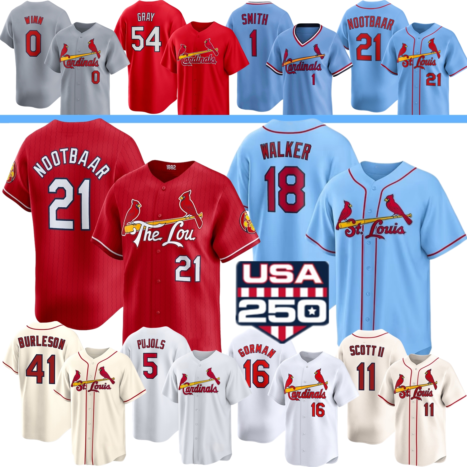 St. Louis Cardinal Jersey #77 JJ Wetherholt Tink Hence Walker Lars Nootbaar Masyn Winn Scott II Nolan Gorman Alec Burleson Herrera Musial Albert Pujols Molina Baez