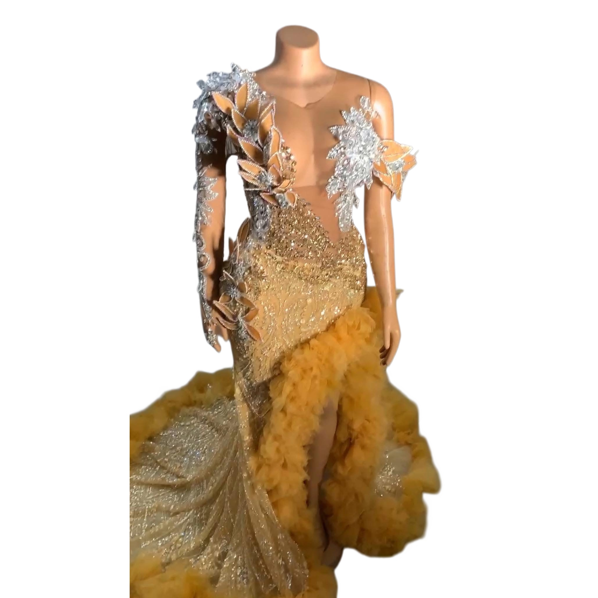 2K26 Gold Prom Dress 2026 Mermaid Prom Dress Sheer Neck Florals Crystals High Split Evening Dresses Birthday Party Formal Receiption Gowns Dresses ZJ0