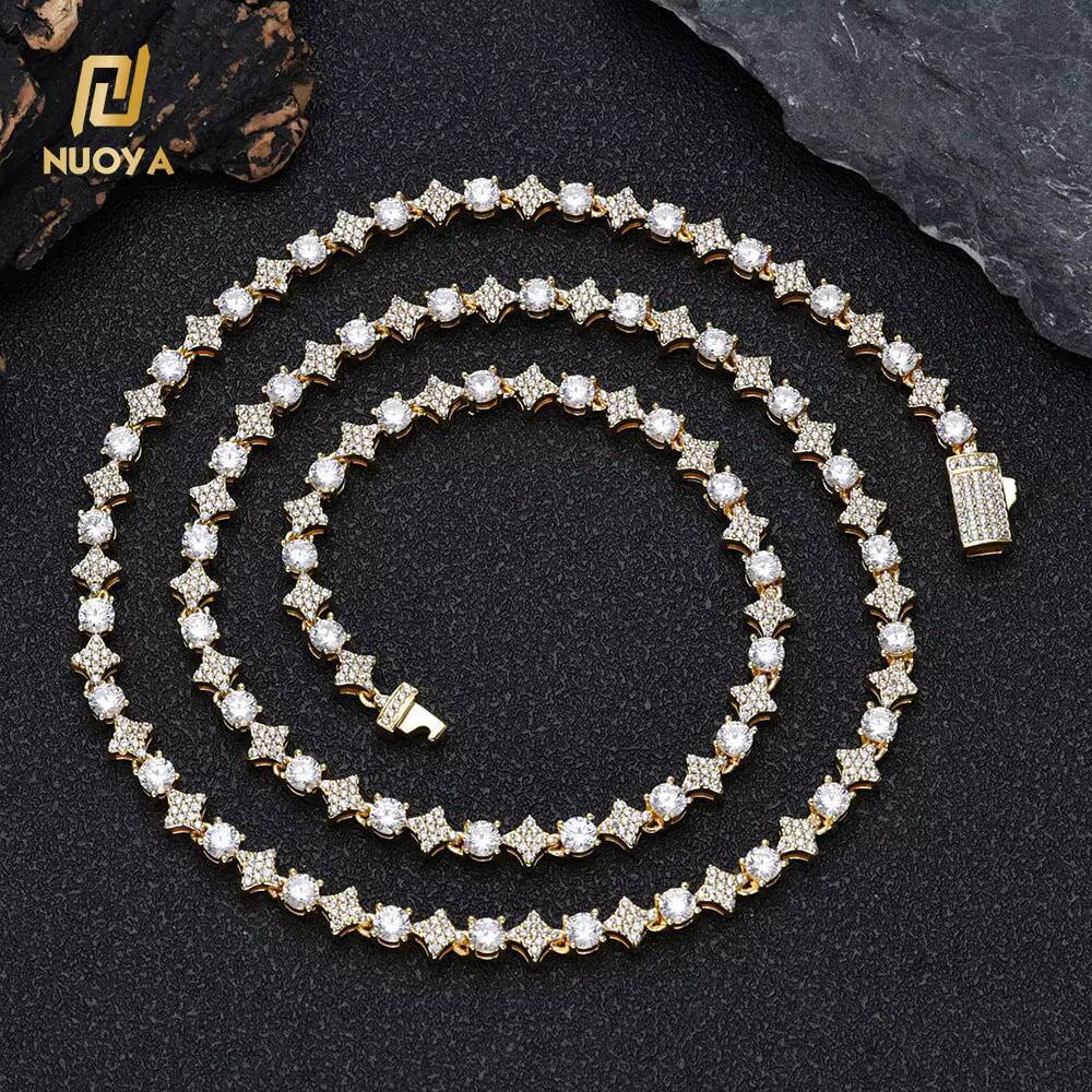 NUOYA 6mm Sparkling Diamond Tennis Chain Hip Hop Jewelry Iced Out Spring Clasp Round Zircon Star Tennis Chain Necklace for Gift