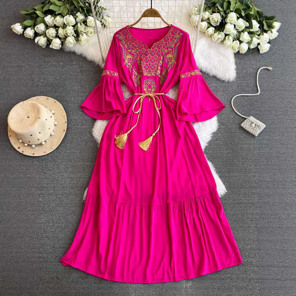 2026 Spring and Autumn Embroidered Dress V-neck Waist Slimming Bell Sleeve Bohemian Style Quarter Sleeve