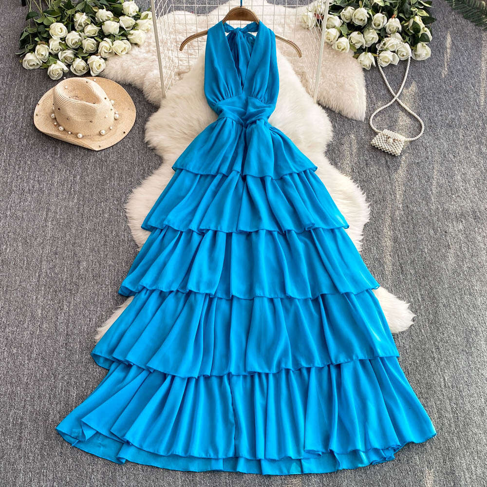 2026 seaside vacation sexy deep c10 V-neck backless dress, summer blue waist cinching slim fit backless dress