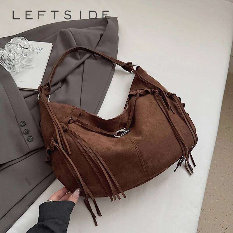 LEFTSIDE Women Faux Suede Shoulder 2025 Winter Retro Hobo Bag Luxury Designer Tassel New Trend Handbags and Purses XJ260306