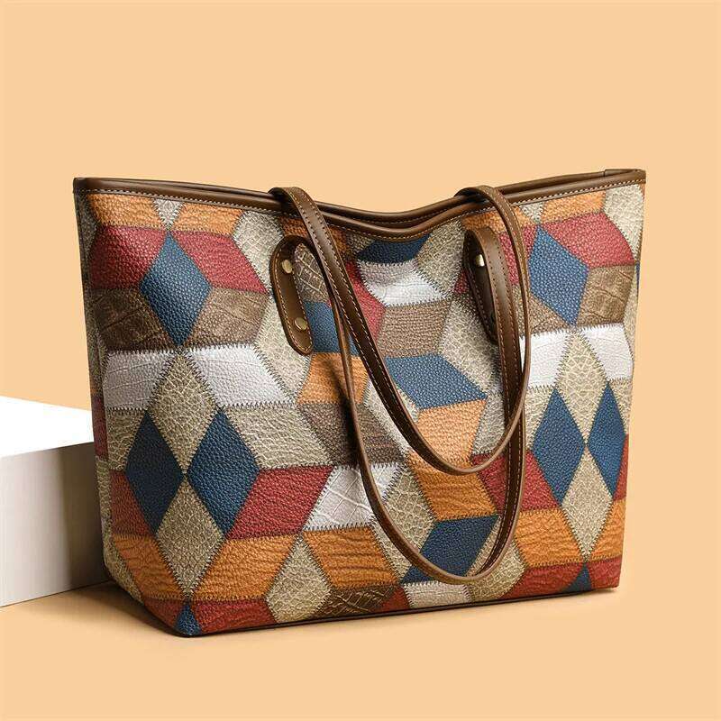 2024 New Women's Large Capacity Commuter Handbag Casual PU Leather Patchwork Tote Fashionable Underarm Single Shoulder Bag XJ260306