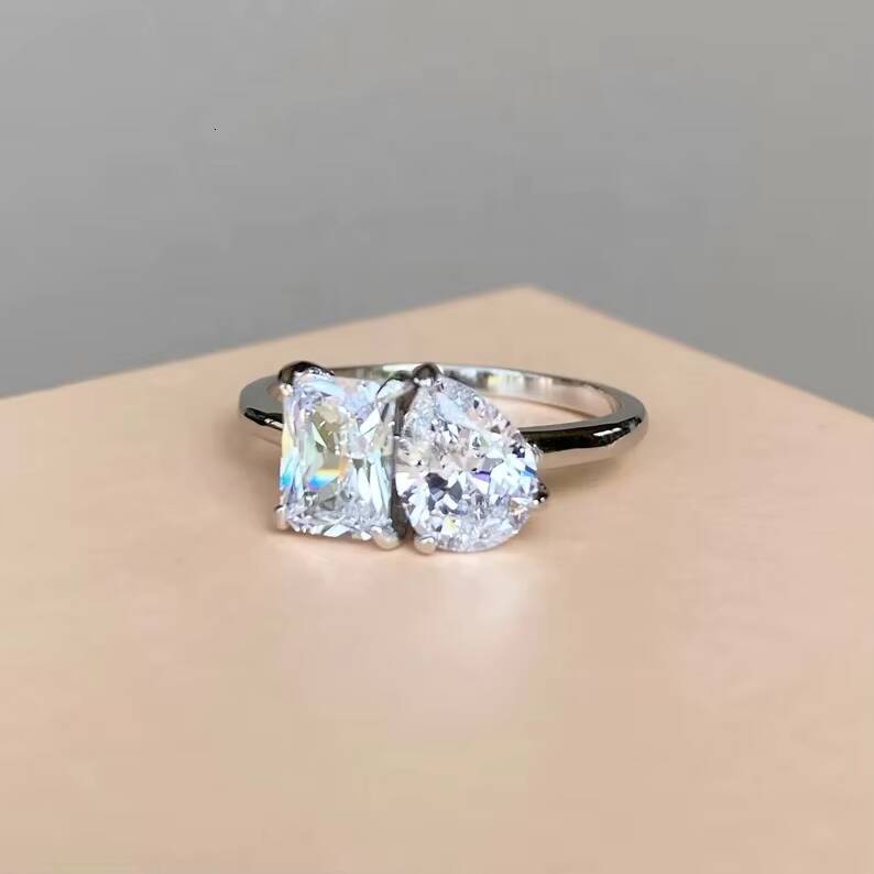 Goldleaf Jewellery 14k Solid Yellow Gold Double Stone Wedding Ring Rectangle Cut Pear Cut D VVS Moissanite Bride Ring Engagement