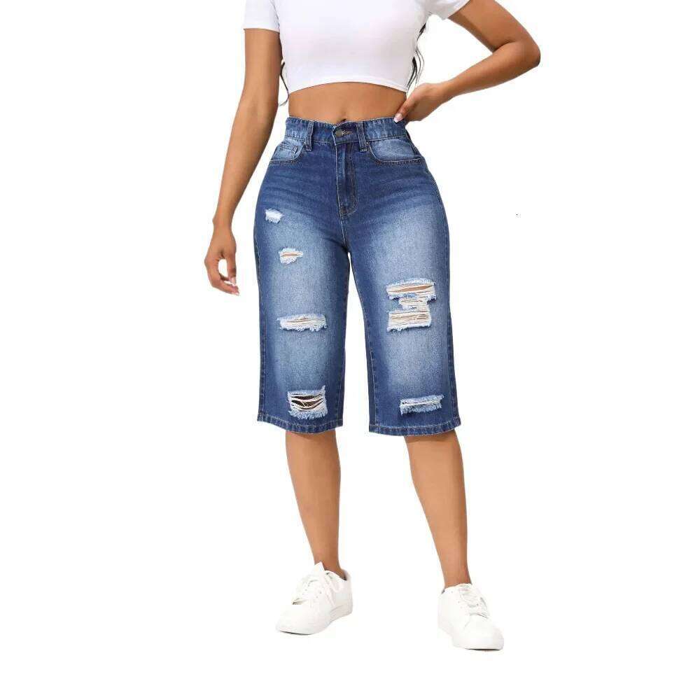 Mid-length Washed Ripped High Waist Jeans. New Summer Casual and Loose Comfortable Straight-leg Seven-inch Jeans for Women XJ260306