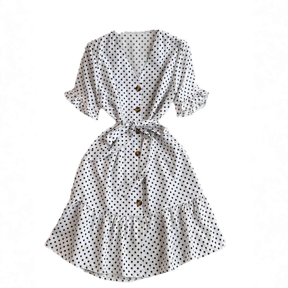 2026 Designer Elegant Women's Short sleeved V-neck Slimming Strap up Single breasted A-line Folded Wave Point Dress