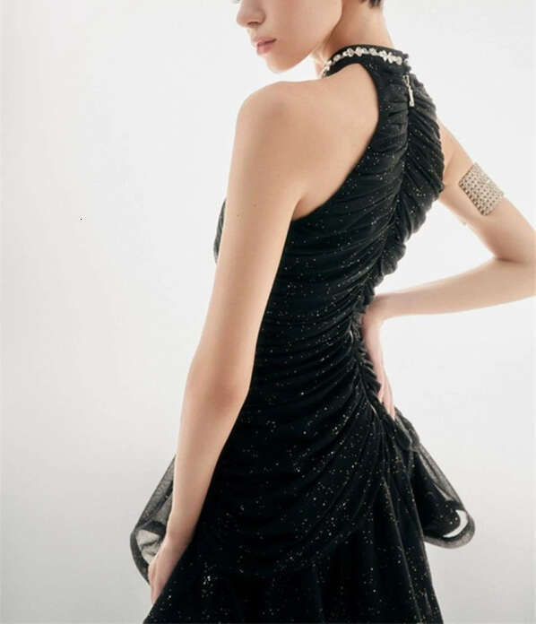 2026 A1 niche designer fashion celebrity wearing Rhinestone fashion backless collar sleeveless pleated waistband A-line dress