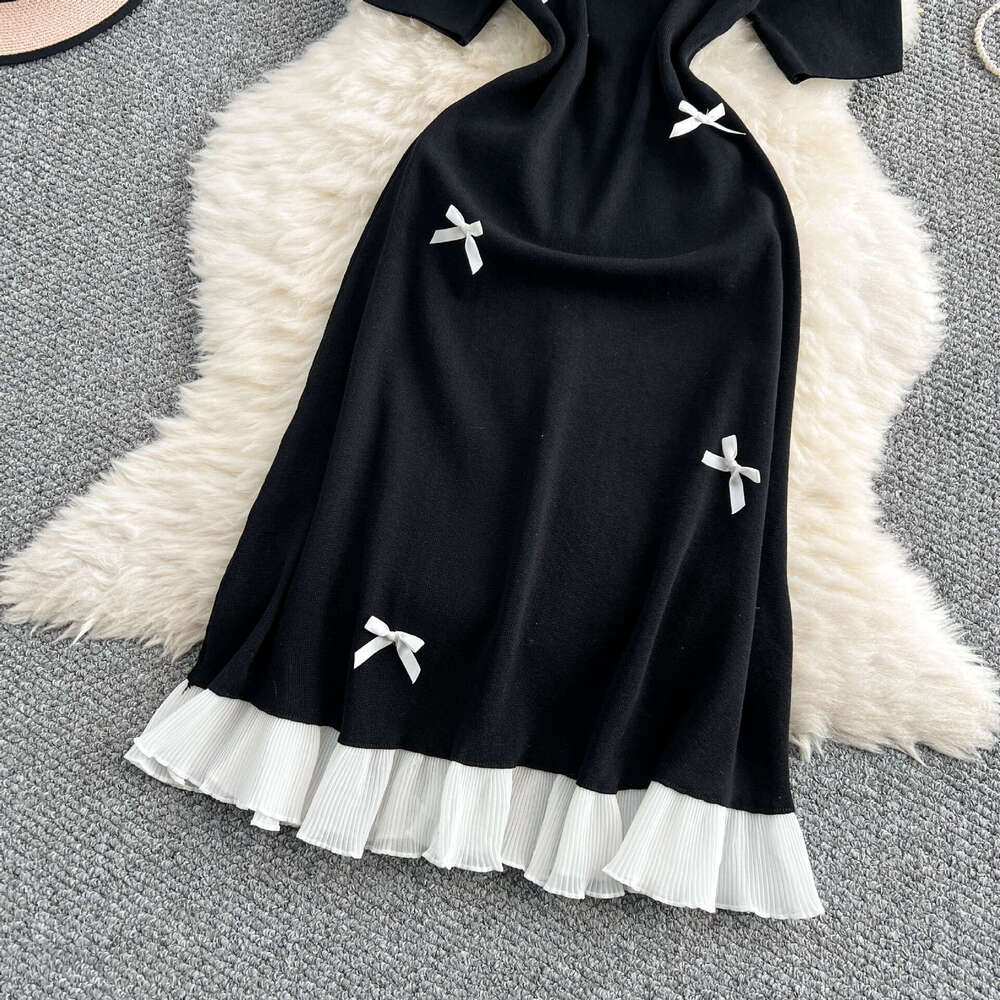 2026 Spring/Summer New Designer Women's Bow Round q26 Neck Knitted Slimming Waist Ruffle Long Skirt