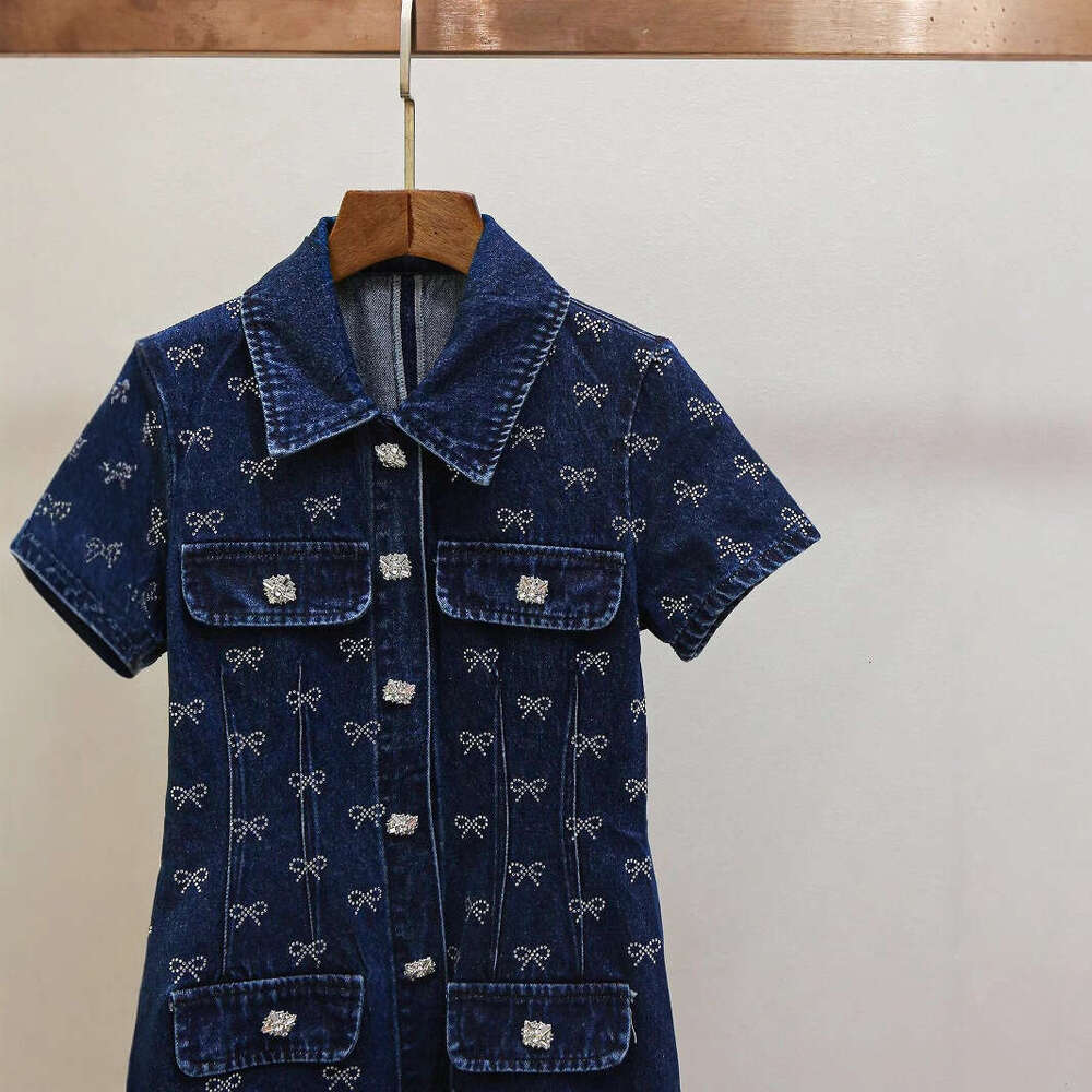 2026 Spring and Summer New Casual Style Young Collar Sleeve Single breasted Water Diamond Bow Cowboy Dress Short Skirt