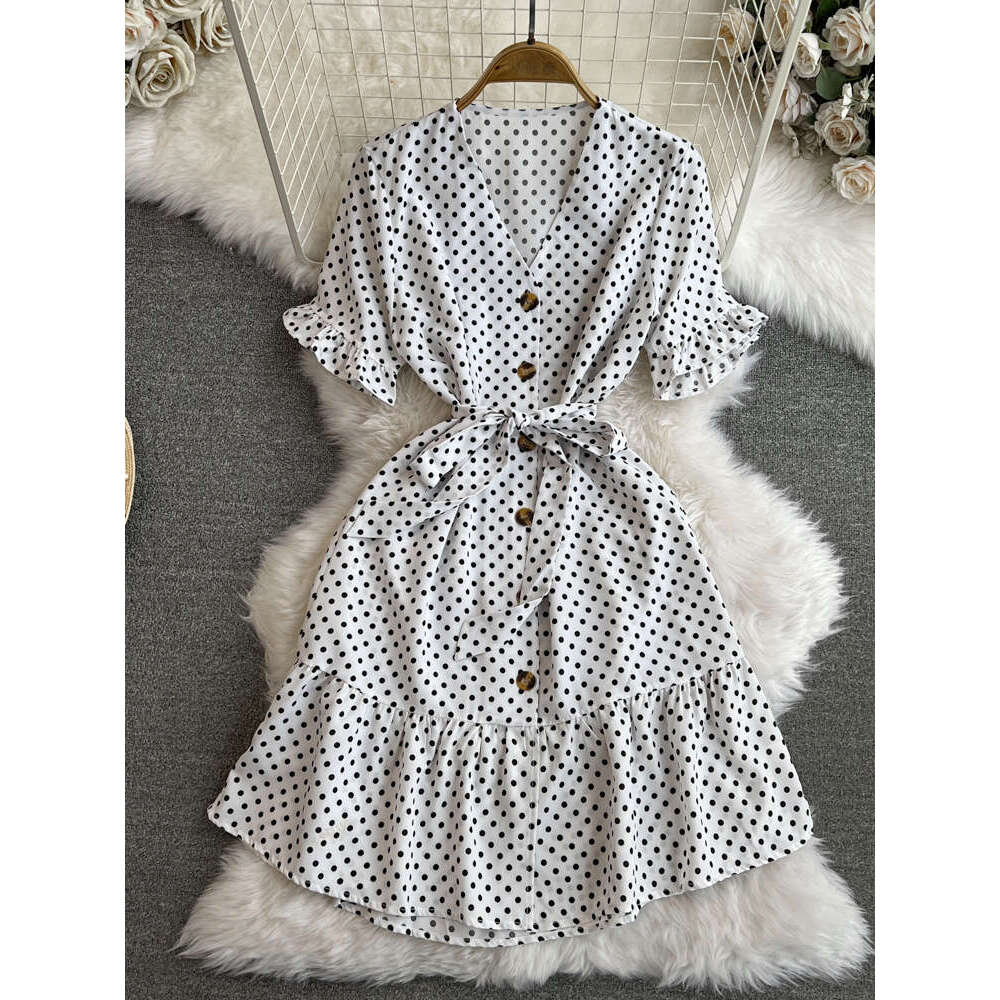 2026 Designer Elegant Women's Short sleeved V-neck Slimming Strap up Single a20 breasted A-line Folded Wave Point Dress