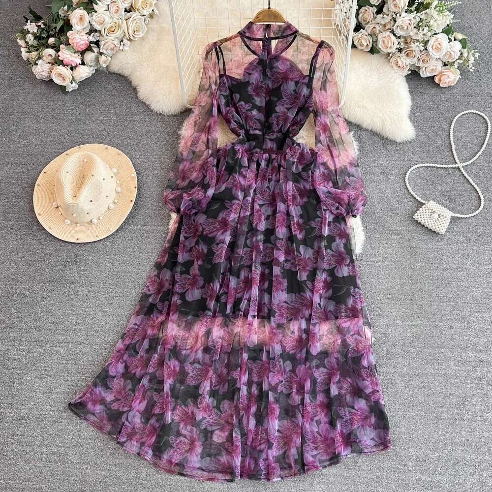 2026 Designer Social Celebrity Style Long Sleeve Collar End Waist Slimming A-line Printed Chiffon Dress Long Skirt
