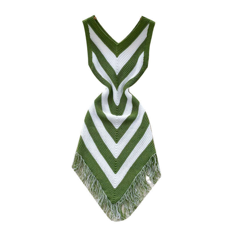 2026 European and American style sexy V-neck vacation style sleeveless striped knitted women's dress slim fit tassel