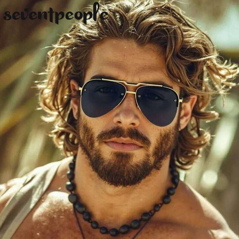 Steampunk Semi-Rimless Pilot Sunglasses Men 2025 Luxury Brand Vintage Oversized Oval Sun Glasses For Male Classic Shades Z260306
