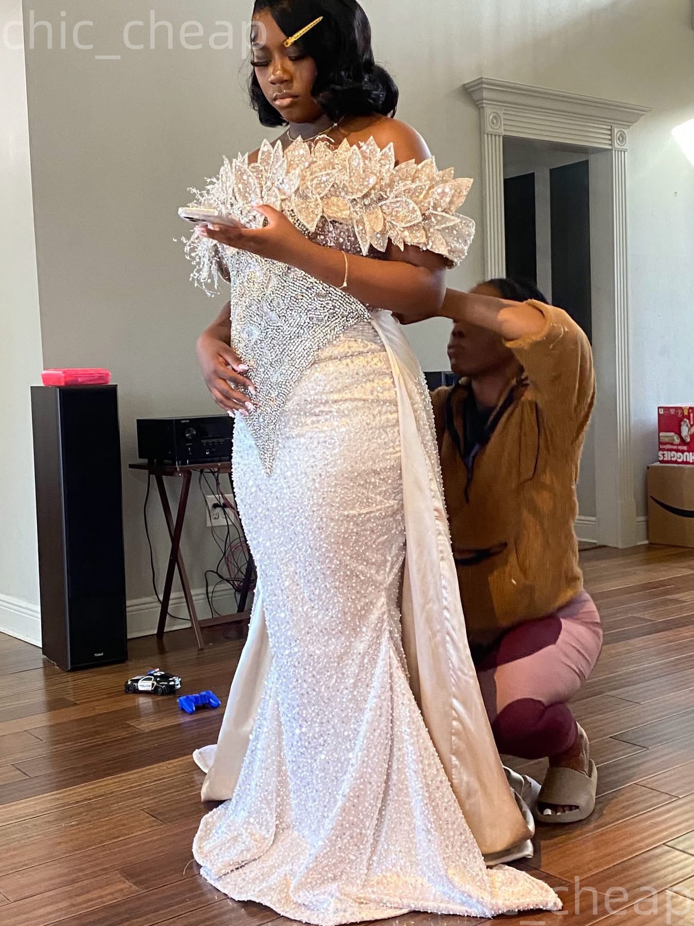 2K26 Ivory Prom Dress 2026 Mermaid Prom Dress Florals Crystals Detachable Train Evening Dresses For Black Women Birthday Party Formal Receiption Gowns