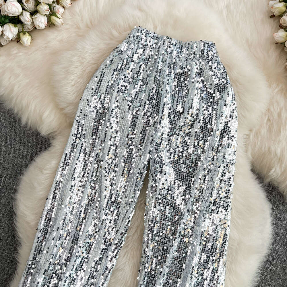 2026 Spring and Summer New Fashionable Unique Glitter Elastic High Waist Wide Leg Casual A13 Women's Pants with Hanging Effect