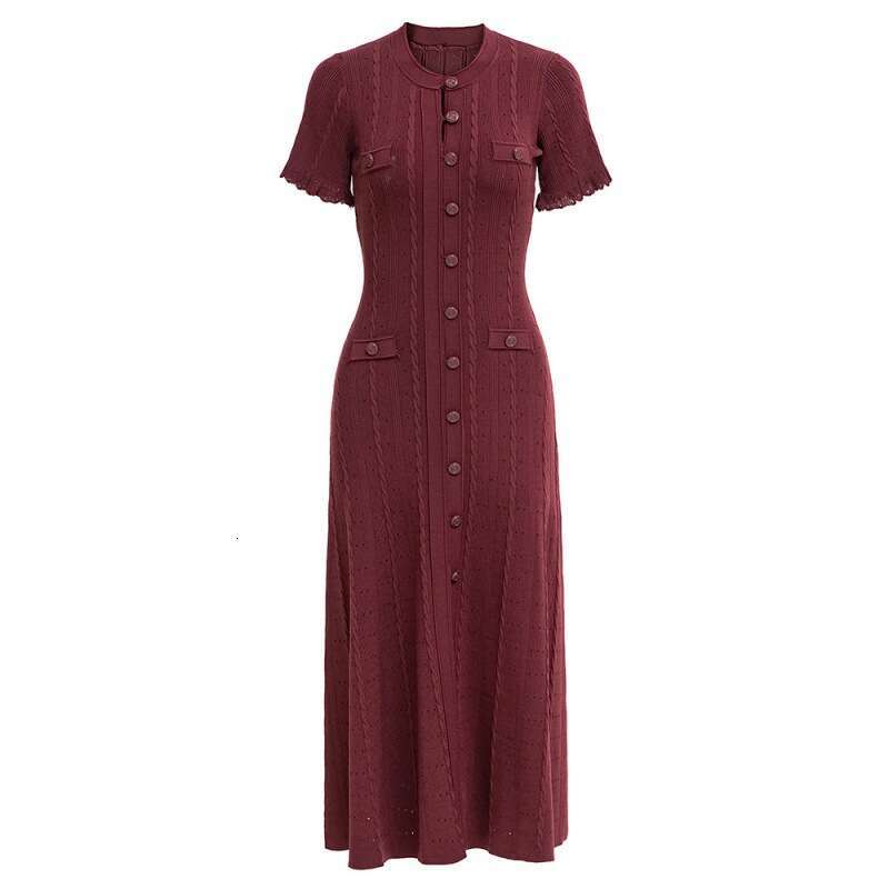 2026 Spring/Summer Designer Women's Fashionable Elegant Slimming French Short Sleeve Round Neck Long Knitted Dress